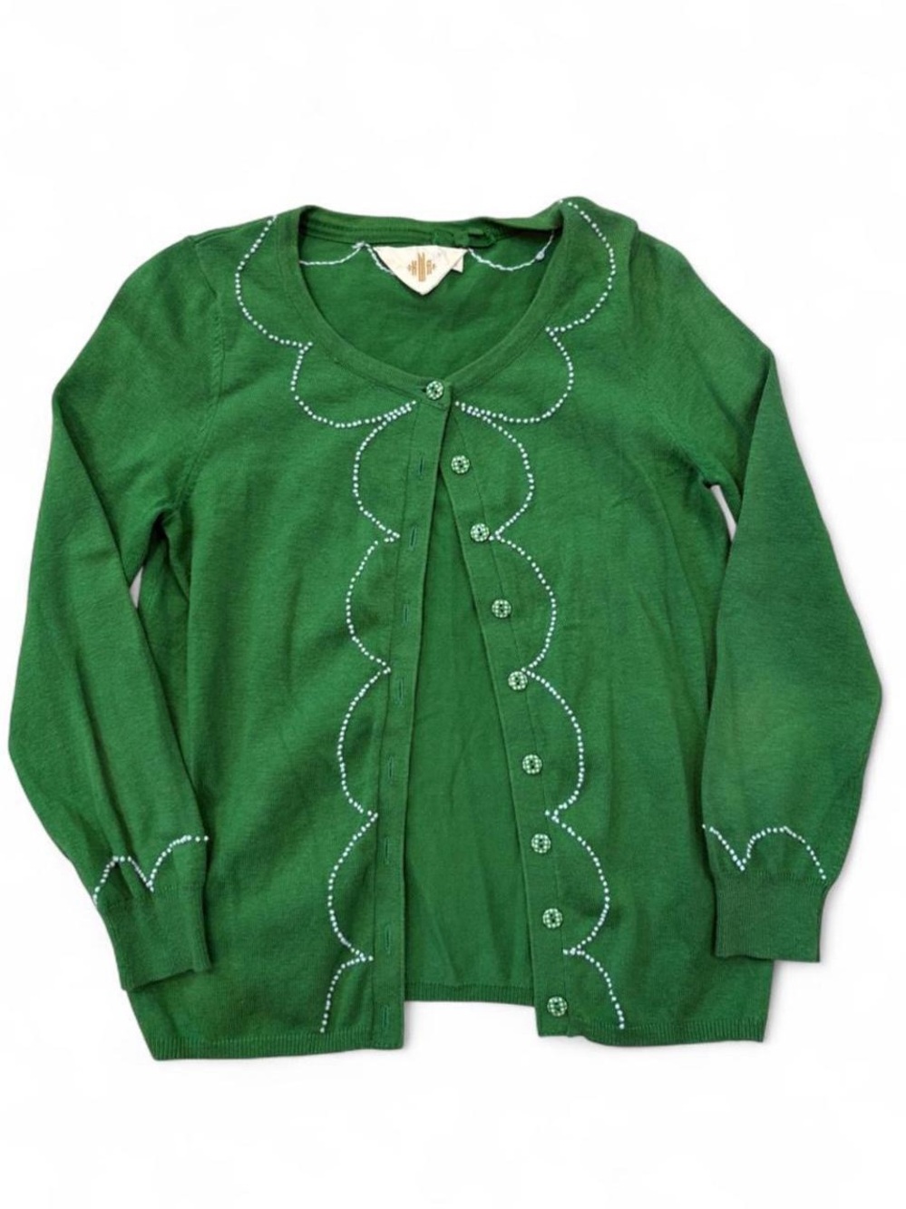 Green Scallop-Trim Button Cardigan Sweater